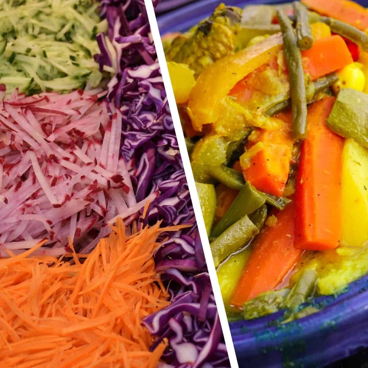 verdure crude grattugiate di diversi colori da un lato, dall'altro lato verdure cotte alla curcuma