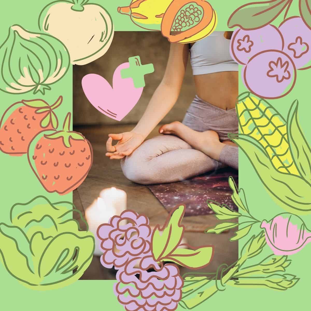 Si vede parzialmente foto di persona che medita, intorno grafiche di frutta e verdura.