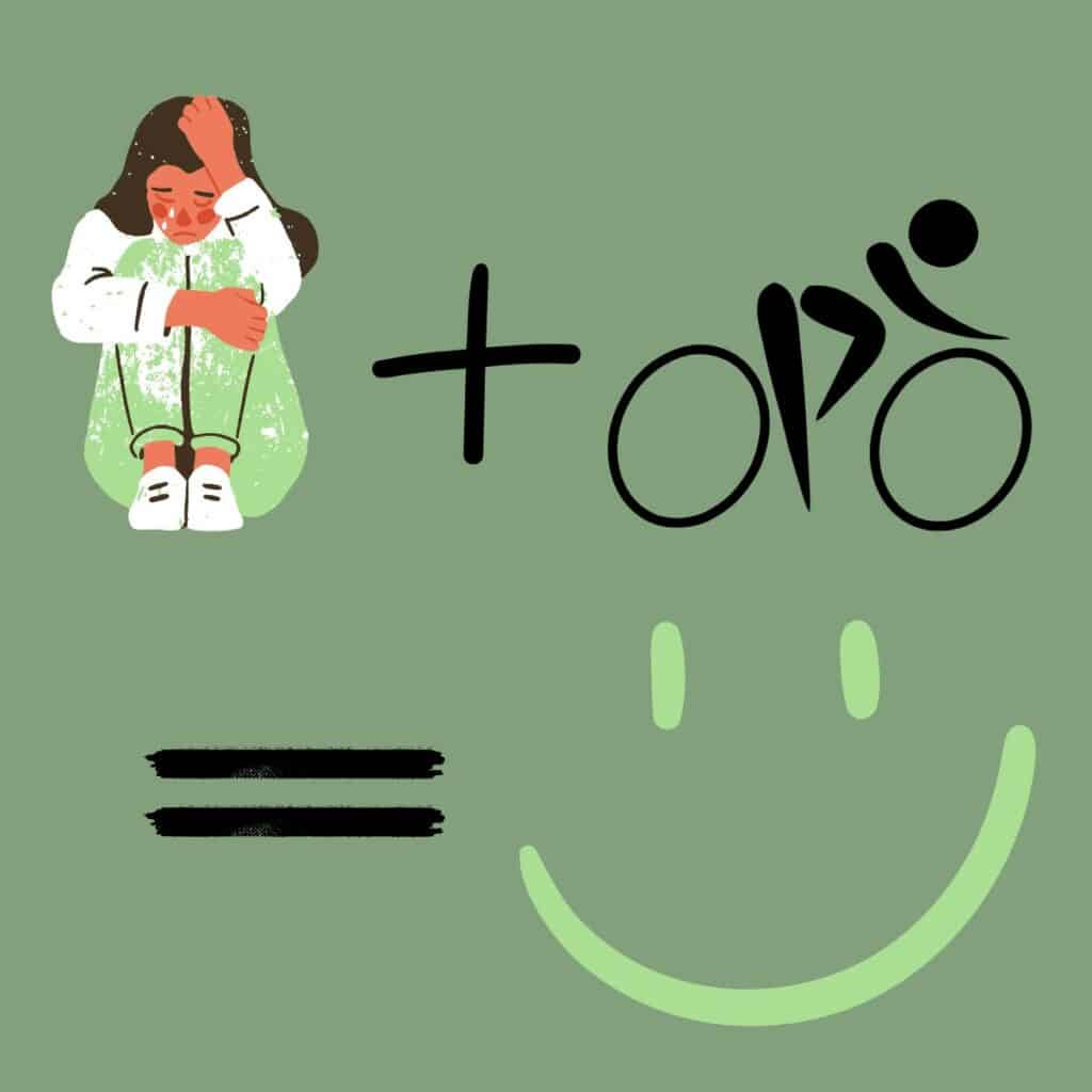 Grafica con equazione matematica: ragazza triste (depressa) più attività fisica simboleggiata da una persona in bici, uguale faccina sorridente.