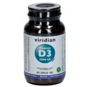 Confezione con scritto sopra "Viridian Vitamin D3 2000 UI 60 capsule veg.".