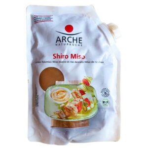 Confezione di miso chiaro vista da davanti - marca Arche Naturkueche, a base di riso (bio).