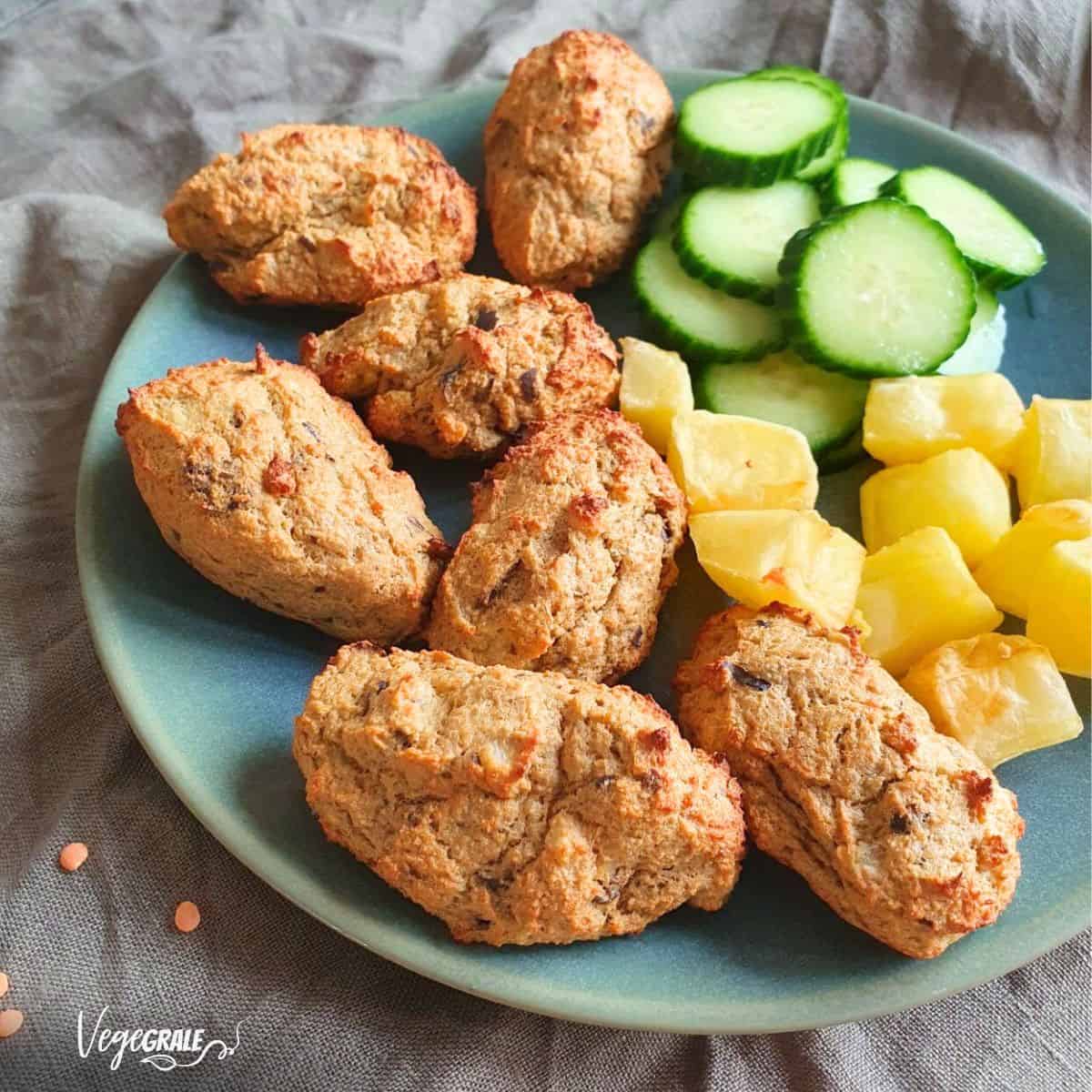 Piatto con polpette oblunghe di lenticchie e melanzane, servite con patate al forno e cetrioli crudi.