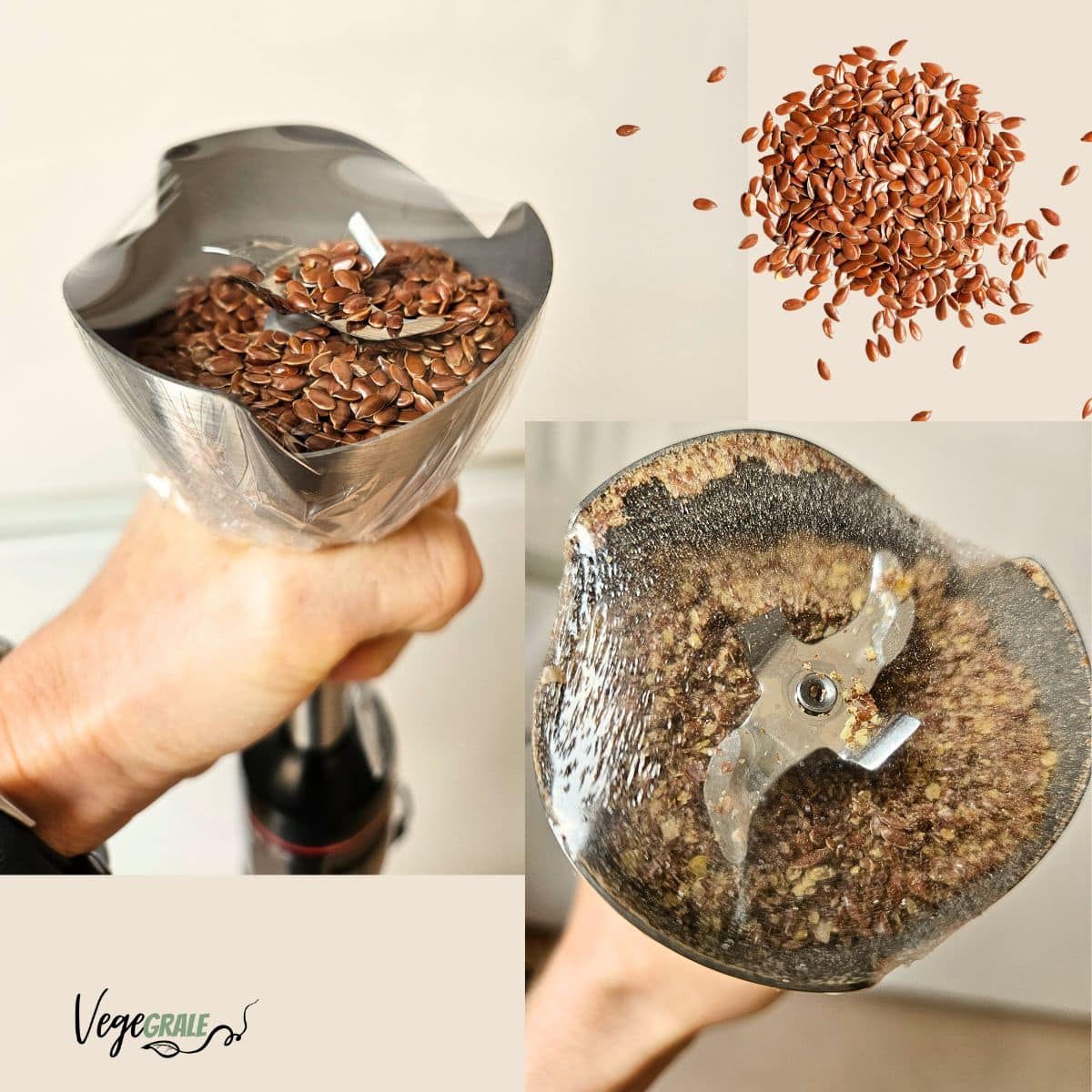 Collage di semi di lino interi, semi di lino messi nella parte frullante di un frullatore ad immersione tenuto all'insù e coperto da una pellicola di plastica tenuta stretta. Altra foto del frullatore coperto di plastica con dentro i semi già frullati grossolanamente.