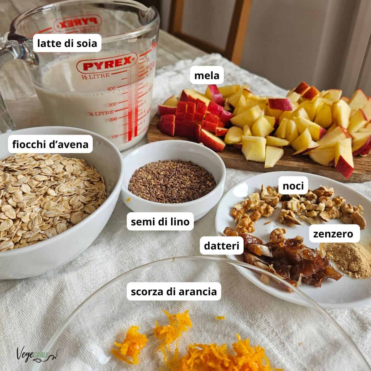 Su tavolo sono disposte ingredienti con scritta di cosa sono: fiocchi d'avena in una ciotola, pezzi di mela rossa tagliata a dadi, una caraffa di latte di soia, dei datteri, dei semi di lino macinati, dello zenzero in povere, dei noci tritati grossolanamente, della scorza d'arancia grattugiata.