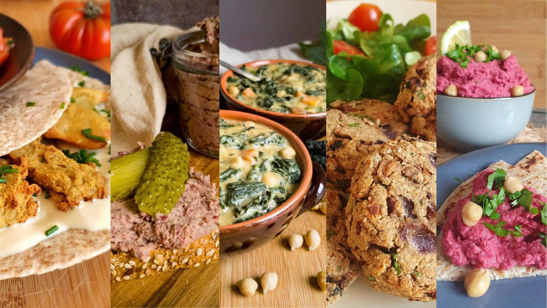 Collage di 5 foto di ricette vegetali con legumi - nuggets di ceci, paté di fagioli rossi, zuppa di ceci, hamburger di fagioli neri, hummus di ceci alla barbabietola.