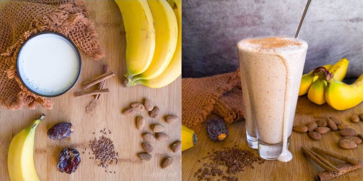 due foto affiancate: a sinistra ingredienti su un tavolo visti dall'alto (latte vegetale, datteri, semi di lino, mandorle, banana e cannella), a destra un bicchiere pieno da colare sopra il bordo con un frullato cremosissimo e una spruzzata di cannella sopra.